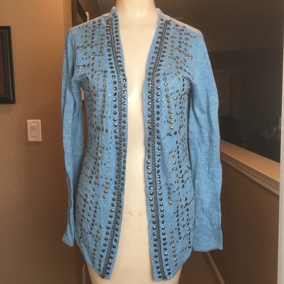 Blue Studded Open Front Cardigan Sweater - Picture 1 of 6